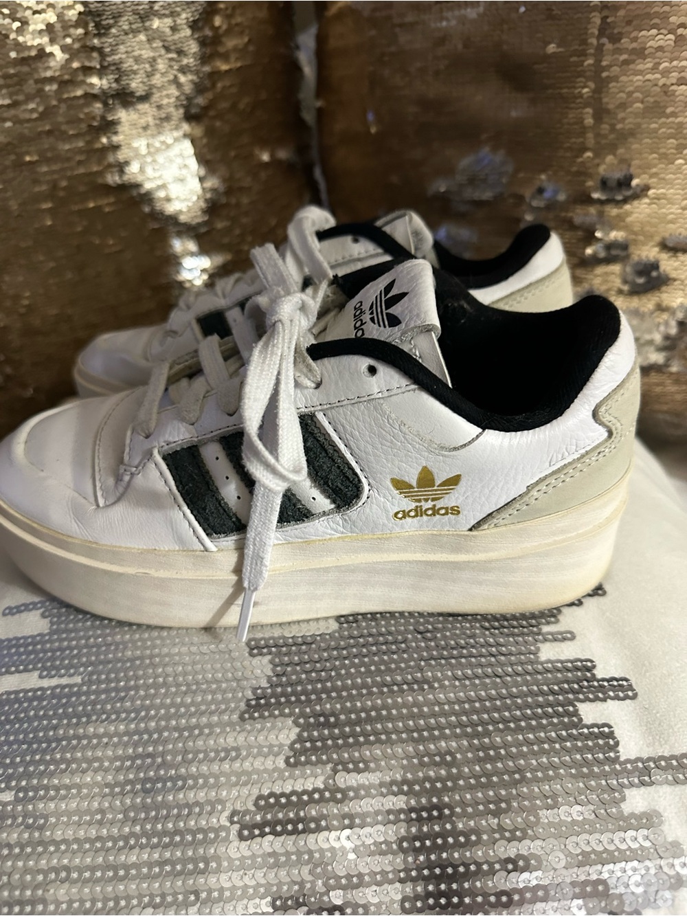 adidas White Leather Platform Sneakers with Black Stripes and Gold Logo